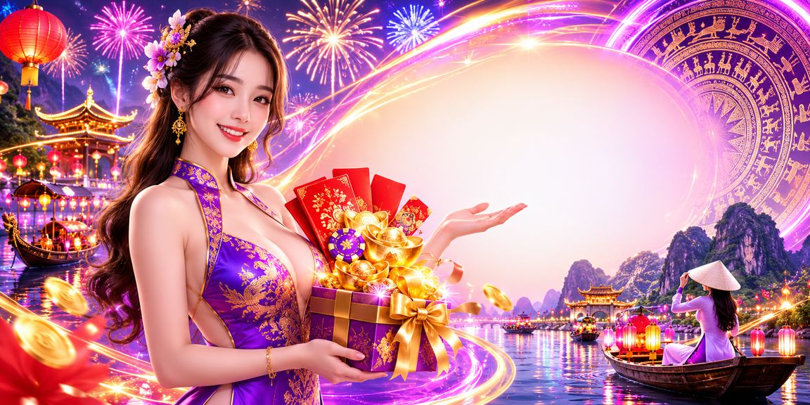 Phong bì đỏ may mắn và biển neon nổi bật tại Ninh Bình trong không khí lễ hội